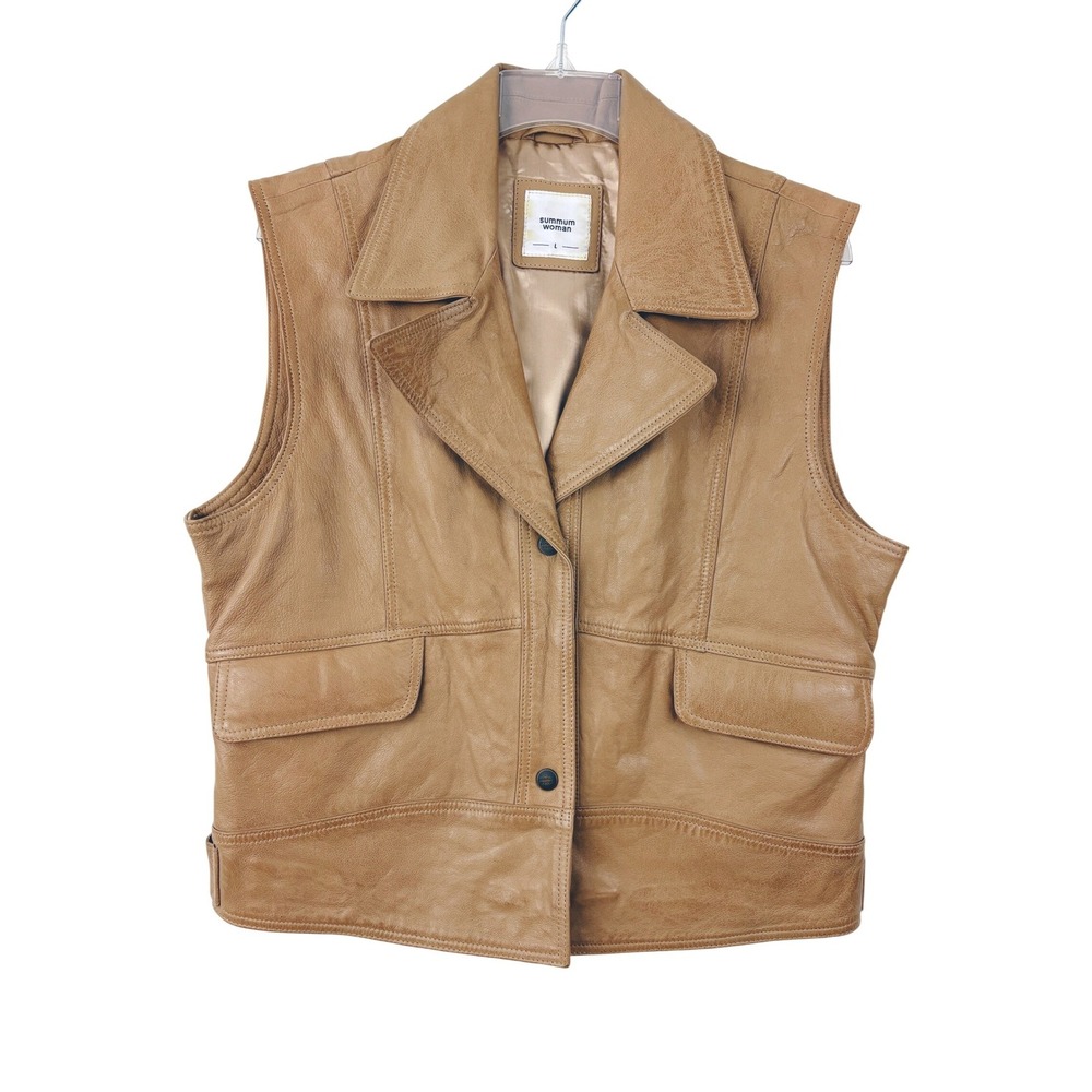 Summum Woman Lambs Leather Vest Size L Sleeveless Snap Front Camel